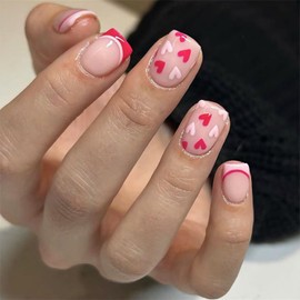 24Pcs Valentines Nails Press on Nails Short French Tip Fake Nails with Nail Glue Nude Acrylic Nails Design Valentines Red Pink French Tip Heart False Nails Stick on Nails for Women DIY Manicure