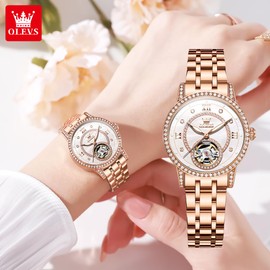 OLEVS Automatic Women's Watches Skeleton Starry Sky Ladies Watch Silver Rose Gold Mechanical Luxury Business Dress Diamond Luminous Waterproof Wrist Watches