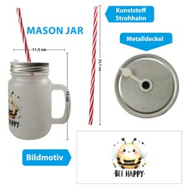 speecheese Bee Bee Happy Mason Jar with Handle Drinking Glass with Lid with Cute Thick Bee in Cartoon Drawing Fluffy and Friendly Always Happy