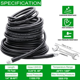 WEST BAY 70 FT Sewer Jetter Kit for Pressure Washer, 5800PSI Drain Cleaner Hose 1/4 Inch NPT, Corner, Rotating and Button Nose Sewer Jetting Nozzle Watertight Tape Pearl Corsage Pin with 2 Pcs Spanner