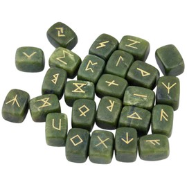 mookaitedecor Natural Green Jade Runes Stones Set of 25, Viking Norse Runes with Elder Futhark Alphabet Symbol for Divination Reiki Healing Crystal Witchcraft Pagan Supplies Spiritual Gift Room Decor