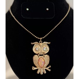 Bloom Long Owl Necklace & Stud Earrings Gold Pink NEW Costume Fashion Jewelry
