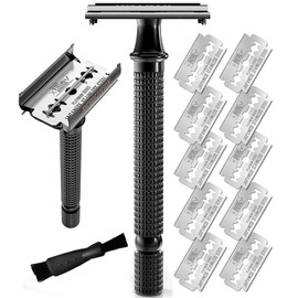 SHAVING Long Handle Double Edge Safety Razor - Butterfly Open Razor 10 Japanese Stainless Steel Double Edge Blades - Close, Clean Shaving Razor Men., Black Long Handle, 12 Piece Set - Color: Chrome