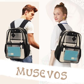 MUSEVOS Clear Backpack, Heavy Duty See Through Book Bag for Work, Security, Concerts, College Transparent PVC bookback Stadium Approved,Black(Semi-transparent)