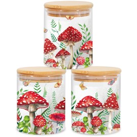 JarThenaAMCS 3Pcs Mushroom Forest Glass Storage Jars with Airtight Lid Fern Butterfly Decorative Sugar Canisters Sets for Cookie Spice Home Kitchen Organizers Countertop