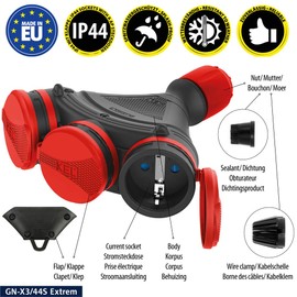 KEL Schuko Coupling Triple 16 A / 250 V, Cable Assembly, Repair Socket, Portable Schuko Distributor - Ideal for Construction Sites, Outdoors, Reliable Power Distributor