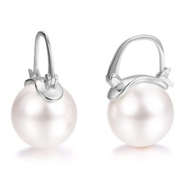 SWJEWEL 12mm 925 Sterling Silver Big Round Pearl Earring Set 18k White Gold Plated Hypoallergenic French Buckle Faux Pearl Small Hoop Earrings for Women Ladies (Silver)