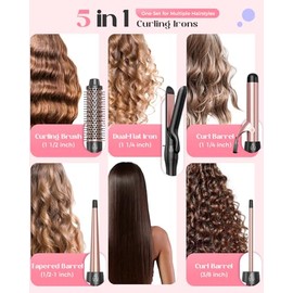 Lopeie 5 in 1 Curling Iron with Thermal Brush and 4 Interchangeable Ceramic Barrels(1/2 to 1 1/2 inch), Curling Wand Set with Flat Iron, Fast Heating, Dual Voltage Hair Curler, Gifts for Women