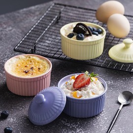 Ciieeo Ceramic Pudding Bowl with Lid Heat Resistant Baking Bowl for Desserts Soups Egg Custards Stylish Small for Home Kitchen Use Yellow