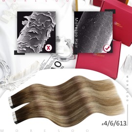 Moresoo Real Hair Extensions, Tape-In Remy Hair Extensions, Dark Brown to Light Brown with Bleached Blonde #4/6/613, Ombre, Invisible Tape, 20 Pieces, 50 g, 55 cm