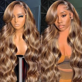 SFTNMEH Honey Blonde Ombre 13x6 Lace Front Wig Human Hair 210 Density Highlight Body Wave Lace Front Wigs Human Hair Pre Plucked Glueless Lace Frontal Wig for Women 4/27 Colored 20Inch