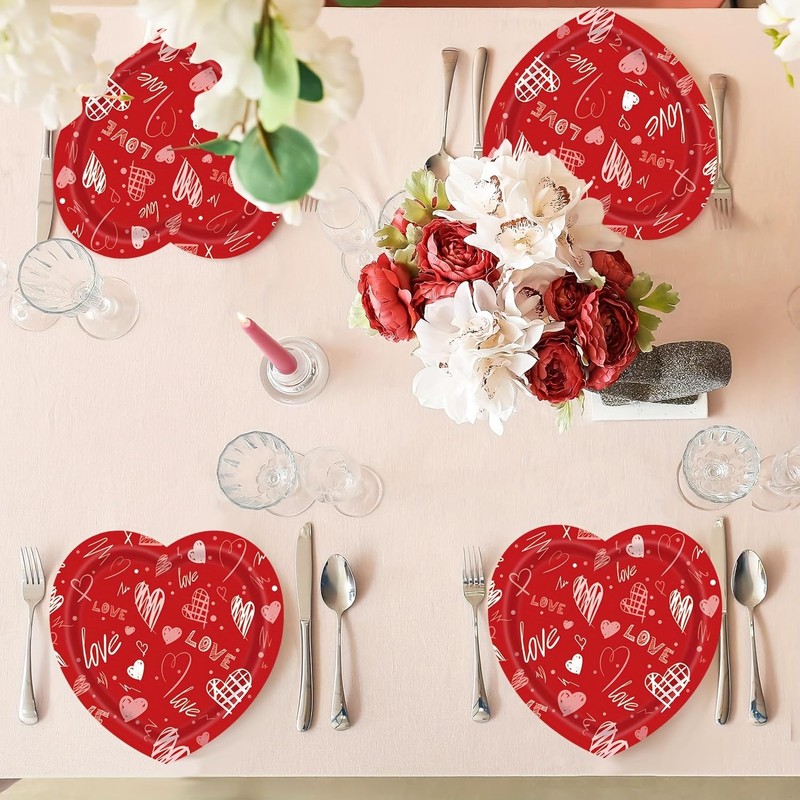 Happy Valentines Day Paper Plates Red Heart Love Shape Disposable