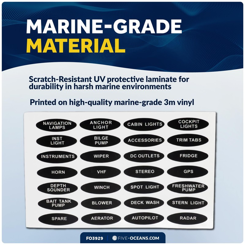 Five Oceans Boat Switch Panel Labels, 28 Pcs per Sheet,