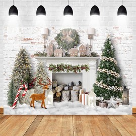 Avezano Christmas Backdrop Winter Fireplace Xmas Tree Photography Background Holiday Photobooth Portrait Wall Party Banner Photo Studio Props (7ft x 5ft)