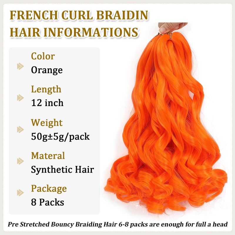 French Curl Braiding Hair 12 Inch 8 Packs Orange