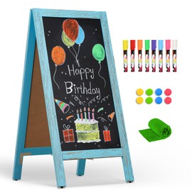 4 THOUGHT A-Frame Chalkboard 40" x 20", Chalk Board Sign Board Magnetic Sandwich Board Pine Wooden Freestanding Double-Sided Chalkboard Easel for Restaurant Cafe Shop Wedding Party, Blue