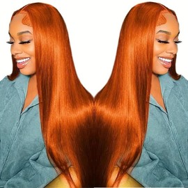 SWOTHEW 32 inch 13x6 Ginger Wig Human Hair Straight Ginger Orange Lace Front Wig Human Hair 200% Density HD Transparent Lace Frontal Wigs Pre Plucked with Baby Hair 350 Wigs for Black Women