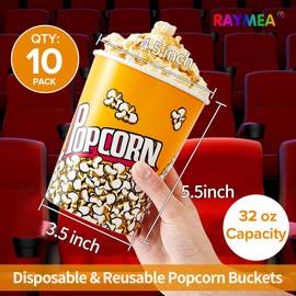 RAYMEA Popcorn Buckets Disposable 32oz Retro Style Paper Leak Proof Popcorn Containers Popcorn Bowls for Family Movie Night & Party - 10 Pac