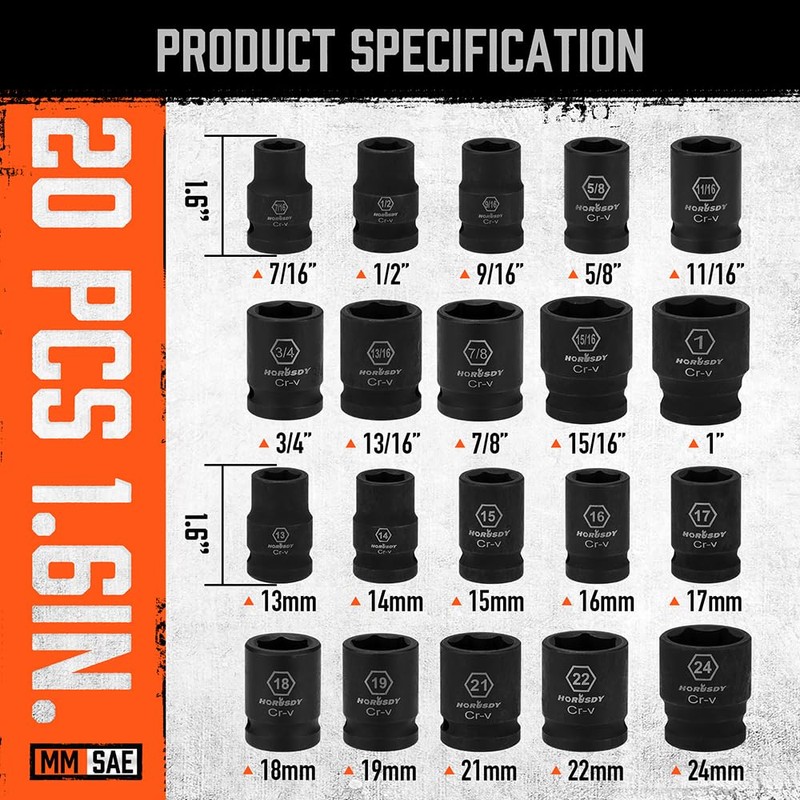 HORUSDY 1/2" Drive Shallow Impact Socket Set, 24-Piece SAE (7/16"-1")