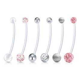 Mayhoop 6 Pcs Pregnancy Belly Bars 14G 32mm Bioflex Acrylic CZ & Paved Crystal Ball Flexible Sport Maternity Long Belly Navel Bar Belly Button Bar Retainer Pink