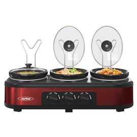 Sunvivi Triple Slow Cooker, Buffet Server & Warmer with 3 Removable Ceramic Pots, 3 Adjustable Temp Settings & 3 Metal Lid Rests, Stainless Steel, 3 * 1.5 Quarts Red