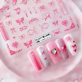 1 Sheets Pink Bow Nail Stickers for Nail Art Self Adhesive 5D Embossed Heart Nail Art Stickers Valentines Nail Decals Valentine's Day Heart Nail Design Stickers for Women Girl DIY Nail Decoration