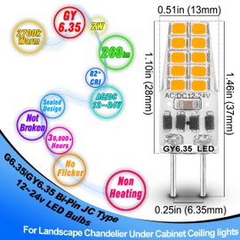 Heifymi GY6.35 LED Bulb 2W Equivalent 20W Halogen Bulb 2700K Warm White AC/DC 12-24 Volt G6.35/GY6.35 Bi-Pin JC Type for Landscape Chandelier Under Cabinet Ceiling Lights, Non-Dimmable, 10 Pack