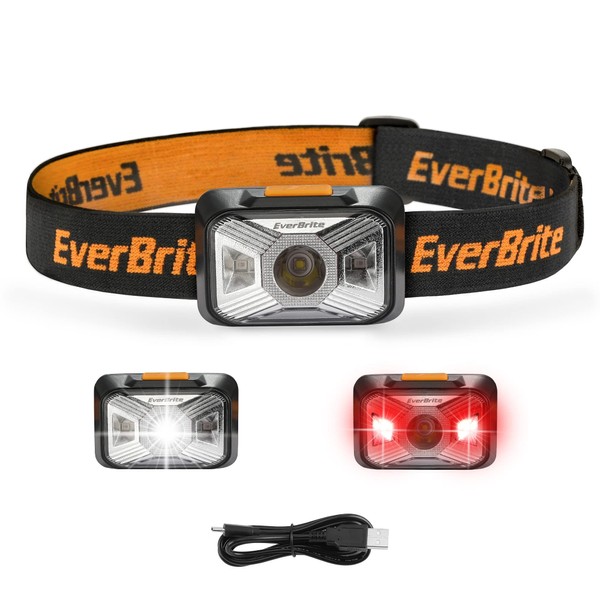 EverBrite Head Torch Rechargeable, LED Headlight Super Bright with Red Light, 200 Lumen 4 Modes Lightweight Headlamp, for Power Cuts, Emergency, Running, Hiking