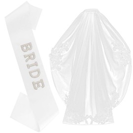 Chanaco 2Pcs Bride to Be Sash Bachelorette Party Accessories Bridal Shower Favors Wedding Engagement Decorations White Lace Veil with Comb and Pearls Sash