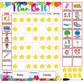 Reward Chore Chart for Kids Colorful I Can Do It Magnetic Token Board Behavior Responsibility Star Chart with Chore Chart Stickers and 45 3D Magnetic Stars for Girls Toddlers at Home Essentials