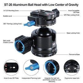 SIRUI ST-20 Ball Head, Stable Panorama Ball Head for Tripod, Cameras, Professional Low-gravity Head, Arca-Swiss Compatible, with QR Plate, Independent Locks, 35kg/77.16lbs Load