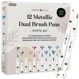 LEBENSKOMPASS® Metallic Dual Brush Pen Set with 12 Water-Based Colourful Colours for Shimmering Metallic Effects Brush Pens for Colouring Books, Hand Lettering, Calligraphy & Bullet Journal