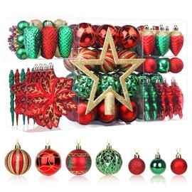 SHareconn 106PCS Christmas Balls Ornaments Set, Colorful Shatterproof Plastic Decorative Baubles for Xmas Tree Decor Holiday Wedding Party Decoration with Hanging Hooks, Red Green Gold