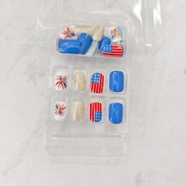 24Pcs Extra Short Press on Nails 4th of July Fake Nails American Flag Glitter Fireworks Acrylic Nail Set Reusable Short Square Glue on Nails Independence Day Stick on Nails for Women