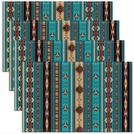 Aztec Placemats, Ethnic Tribal Arrow Place Mats, Retro Southwestern Native Bohemian Heat Resisting Placemats 12x18 Set of 4, Western Star Geometric Table Mats for Dining Patio Table, Teal Blue Brown