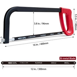 PLOWFAR 12” High-Tension Hacksaw Frame with 24 TPI Bi-metal Blade, Suitable for Metal, Wood, PVC, Carpentry