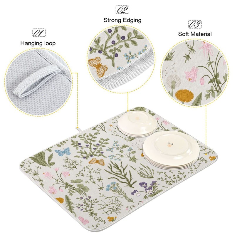 Herbs Flowers Botanical Butterfly Dish Drying Mat for Kitchen Counter
