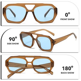 CIKJUK Retro Pilot Sunglasses Womens Mens - 70s Tinted Square Lens Designer Hexagonal Ladies Sun Glasses with UV Protection-Brown/Blue
