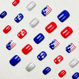 24Pcs 4th of July Press on Nails Short Square Fake Nails Independence Day False Nails Red Blue Full Cover Glue on Nails Reusable Shine Acrylic Nails American Flag Stick on Nails for Women DlY Manicure