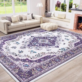 HOMORE Purple Area Rug 6x9 Living Room Rug, Non Slip Washable Rugs for Bedroom Faux Wool Large Carpet for Dining Room Vintage Floral Rugs for Home Office Farmhouse Decor