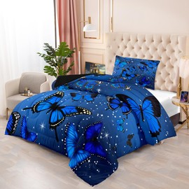 Blue Butterfly Comforter, Butterfly Bedding Set for Girls, Blue Butterflies with Sky Stars Prints Comforter Set for Women Girls Butterfly Bedding Twin Size Quilt Set, 1 Comforter + 1 Pillowcase