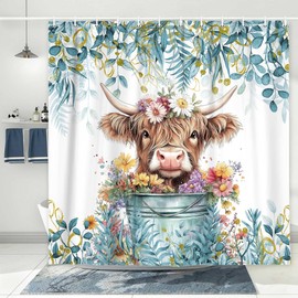 Blue Teal Shower Curtain, Boho Plant Eucalyptus Leaves Floral Funny Highland Cow Bath Curtain, Farmhouse Animals Bathroom Accessories Botanical Lavender Bathroom Curtain Set with Hooks, 72X72in