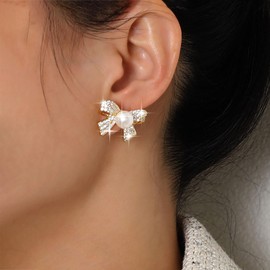TseenYi Boho Crystal Bow Pearl Earrings Gold Cz Bow Stud Earrings Sparkling Rhinestone Bow Knot Earrings Bridal Pearl Stud Wedding Earrings Jewelry for Women and Girls