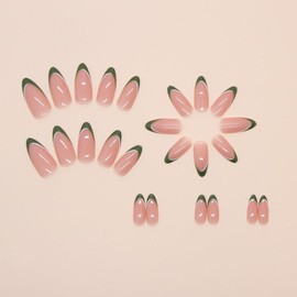 Green French Tip Press on Nails Short Almond Fake Nails Pink False Nails Press ons with Designs Acrylic Nails Glossy Full Cover Glue on Nails Artificial Stick on Nails for Women Decorations 24Pcs