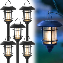 Dynaming 6 Pack Dual Use Solar Path Lights Outdoor, Hanging Lantern Solar Garden Lights with Edison Bulb, Landscape Lighting, Waterproof & Auto On/Off for Patio Pathway Walkway Driveway, Warm White
