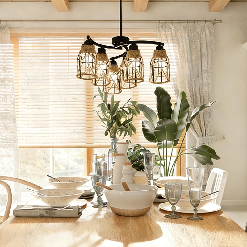 3 Pack Industrial Hemp Rope Pendant Lamp Shade, Small Vintage