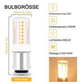 JINLONTA Pack of 5 Bayonet B15d Sewing Machine Bulbs 3.5 W 460 LM Warm White 3000 K Non-Dimmable 220-240 V Equivalent 40 W Incandescent Bulb for Sewing Machine Bulbs, Chandeliers, Cooker Hood