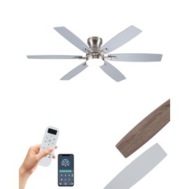 Coolwind 52 Inch Silver Low Profile Ceiling Fan with Light, 6 Speeds 3 Color Temperatures Led Outdoor Ceiling Fans for Bedroom