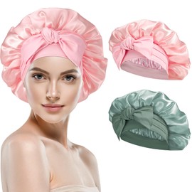 Coumy 2 Packs Silk Bonnet Sleep Cap, Adjustable Satin Bonnet Silk Bonnets Sleep Cap Satin Hair Caps Night Caps for Women Girls Black Curly Hair(Pink+Green)