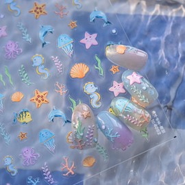 Summer Ocean Nail Art Stickers Decals 5D Embossed Cute Nail Stickers Marine Life Nail Decals Seashell Starfish Nail Supplies Decorations Seahorse Shell Nail Design for Women DIY Nail Salons